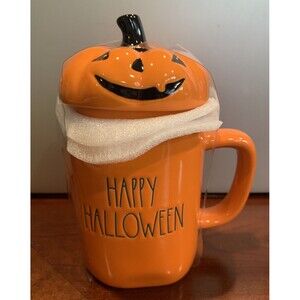 Rae Dunn Happy Halloween Lidded Coffee Mug Jack-O-Lantern Pumpkin Orange New